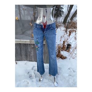 Billabong Boho Embroidered Low Rise Jeans Flare Leg Cotton Med Wash Sz S